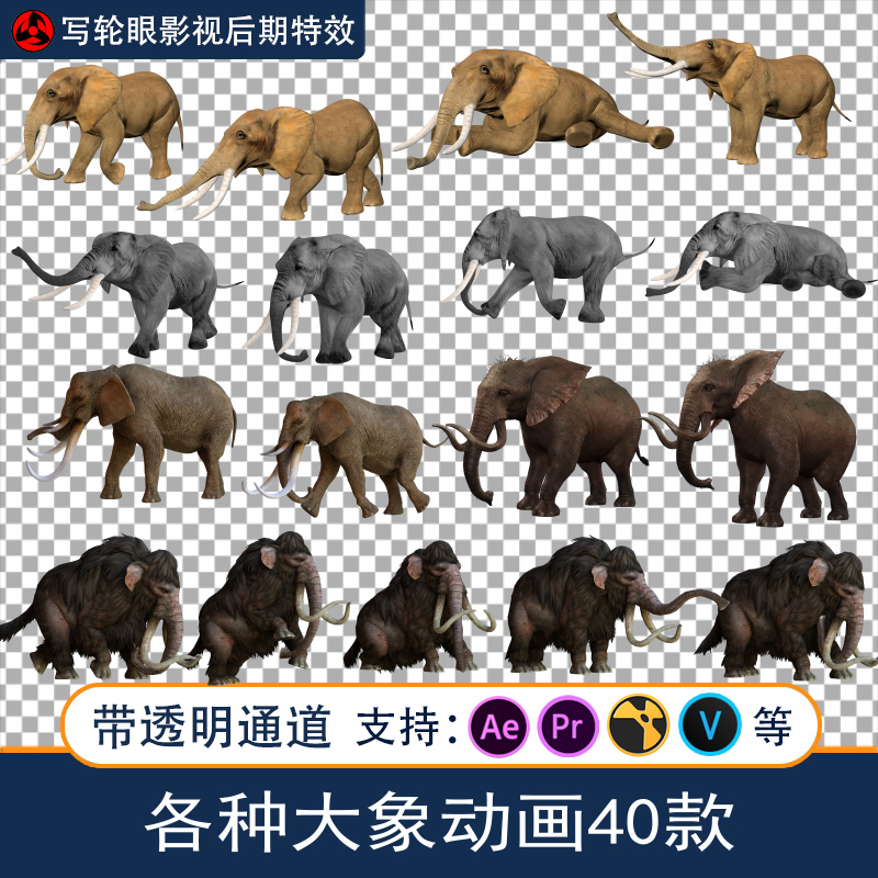 大象长毛象野象CG动画视频素材AE/PR/抖音远古大象特效带透明通道