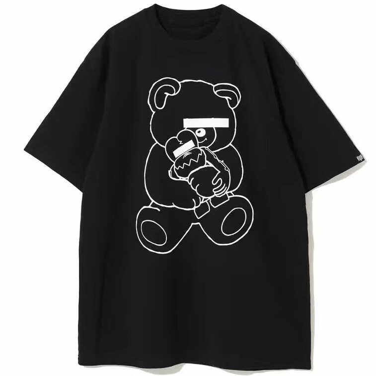 522-合作款uc日系复古ins经典小熊情侣黑白短袖T恤纯棉重磅300克