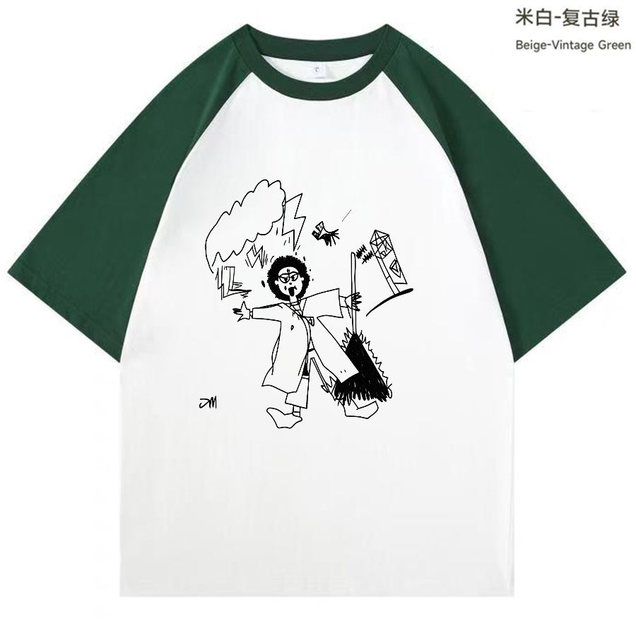 1256黑白手绘搞怪女巫印花插肩短袖 T 恤 休闲风情侣款上衣