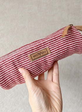 尼泊尔 WSDO纯棉手织布拼头层反绒牛皮圆筒笔袋 文具收纳袋