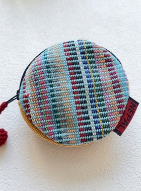 尼泊尔WSDO coinpurse手织布纯棉圆形拉链零钱包硬币包 10CM直径