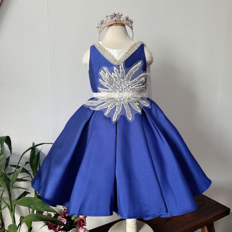 女童蓝色V领蕾丝刺绣蓬蓬裙表演礼服修身连衣裙花童婚纱主持礼服