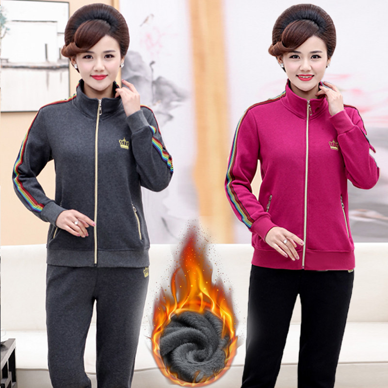 2022新款春装纯棉妈妈运动服套装加绒外套中年女时尚休闲洋气上衣