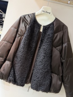 皮毛一体鹅绒服外套 圆领拼接毛绒拉链长袖 欧洲站2025冬新款 正版