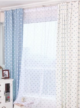 美式田园风格波点窗帘蓝色粉色纱帘客厅卧室女儿房儿子房定制包邮