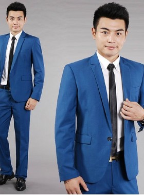 厂家定制/男士韩版/蓝色一粒扣分领修身/司仪/新郎结婚西服套装