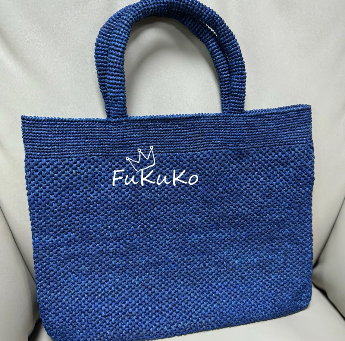 Fukuko新款深海蓝菠萝扣拉菲草平板托特包女士手提包公文包