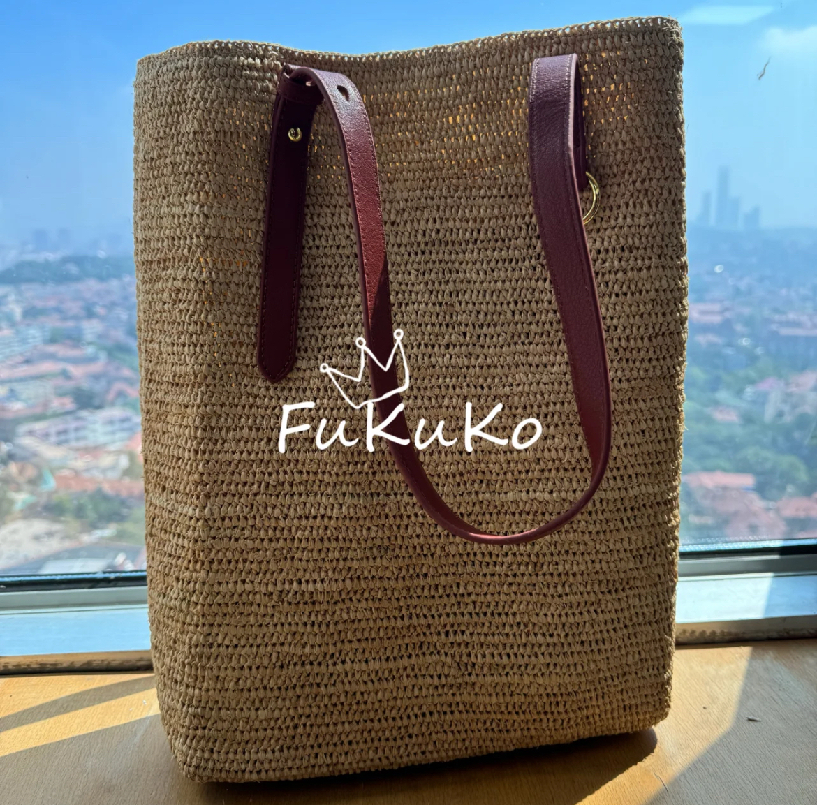 Fukuko新款三宅版拉菲草女士托特包手工编织（米黄色，有内衬）