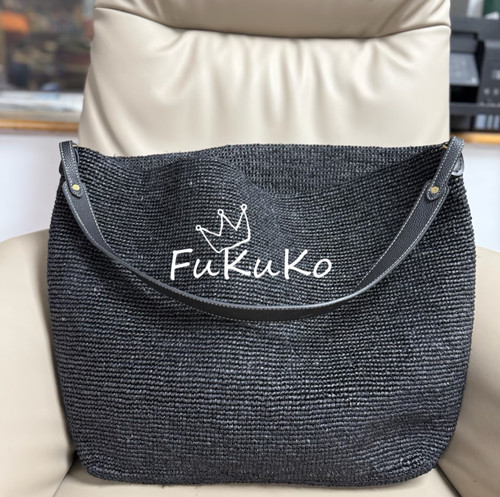 Fukuko26新款黑水晶拉菲草设计感托特包女士度假编织斜挎手提包