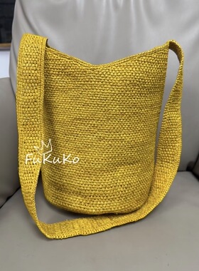 Fukuko新款明黄色拉菲草水桶托特包女士斜挎单肩手提休闲包手工