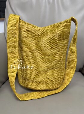 Fukuko新款明黄色拉菲草水桶托特包女士斜挎单肩手提休闲包手工