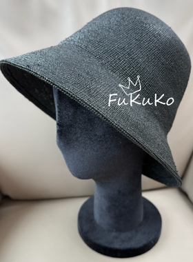Fukuko26新款黑色拉菲草特细编织渔夫帽女士度假慵懒天然草编时尚