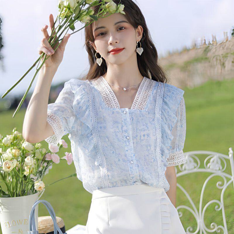 法式温柔风V领蕾丝雪纺衫女短袖碎花设计感小众上衣