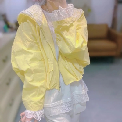 休闲连帽防晒蕾丝边短外套女
