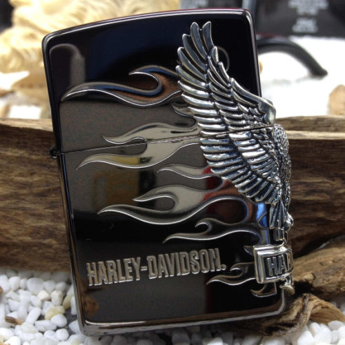 ZIPPO原装正品打火机 黑冰火焰 绝版贴章哈雷镀银侧鹰 专柜正版