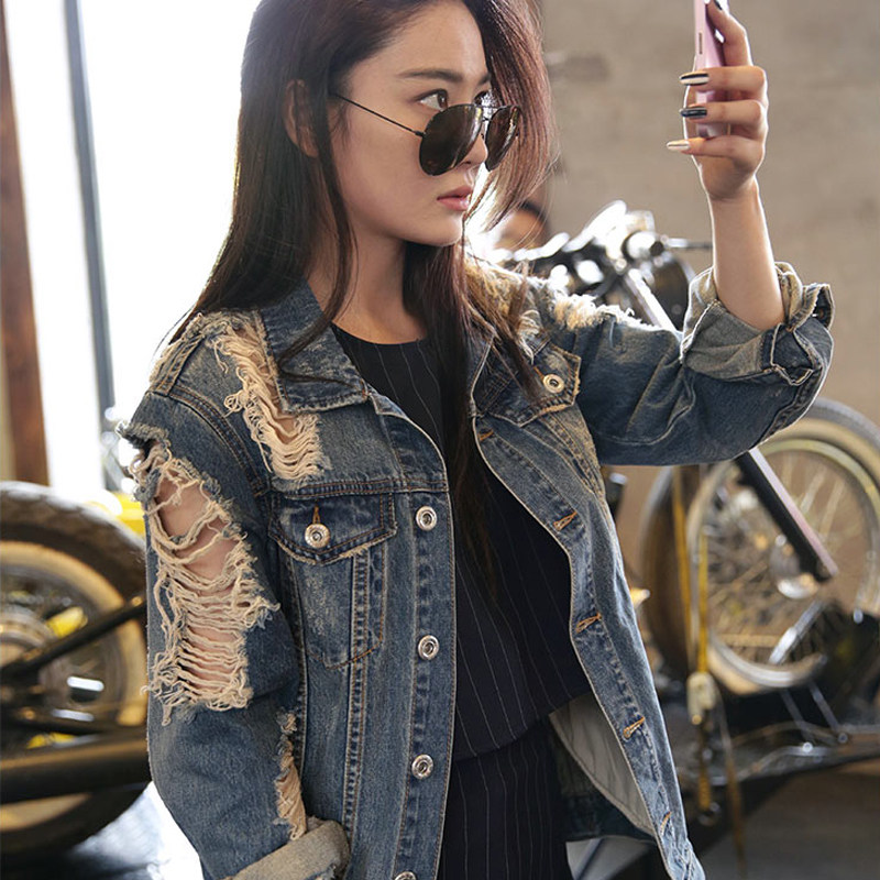 张馨予同款破洞休闲牛仔外套女宽松开衫外搭上衣乞丐春秋夹克磨破
