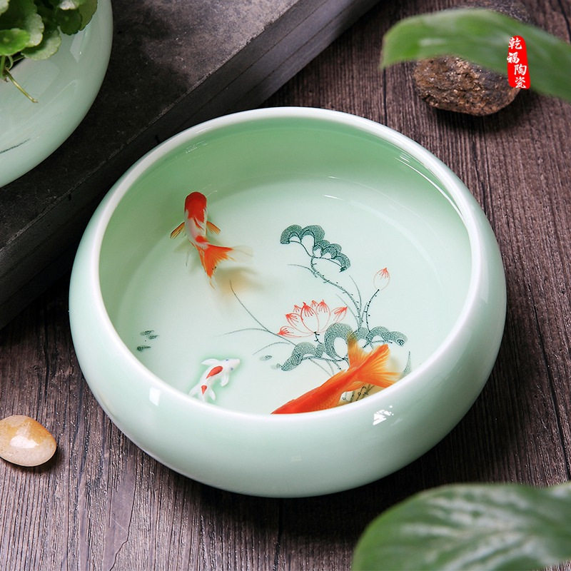 青瓷手绘浮雕鱼大号茶洗杯洗笔洗 水仙花盆 陶瓷茶具配件