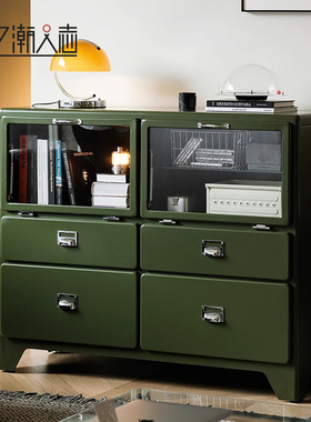 中古绿色边柜复古设计师铁皮柜家用客厅抽屉餐边柜金属斗柜收纳柜