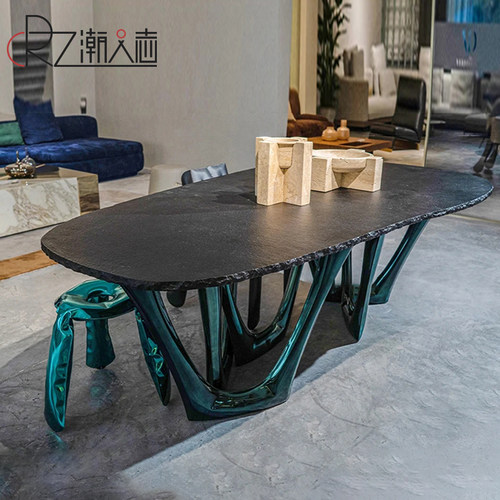 设计师艺术玻璃钢火烧石餐桌
