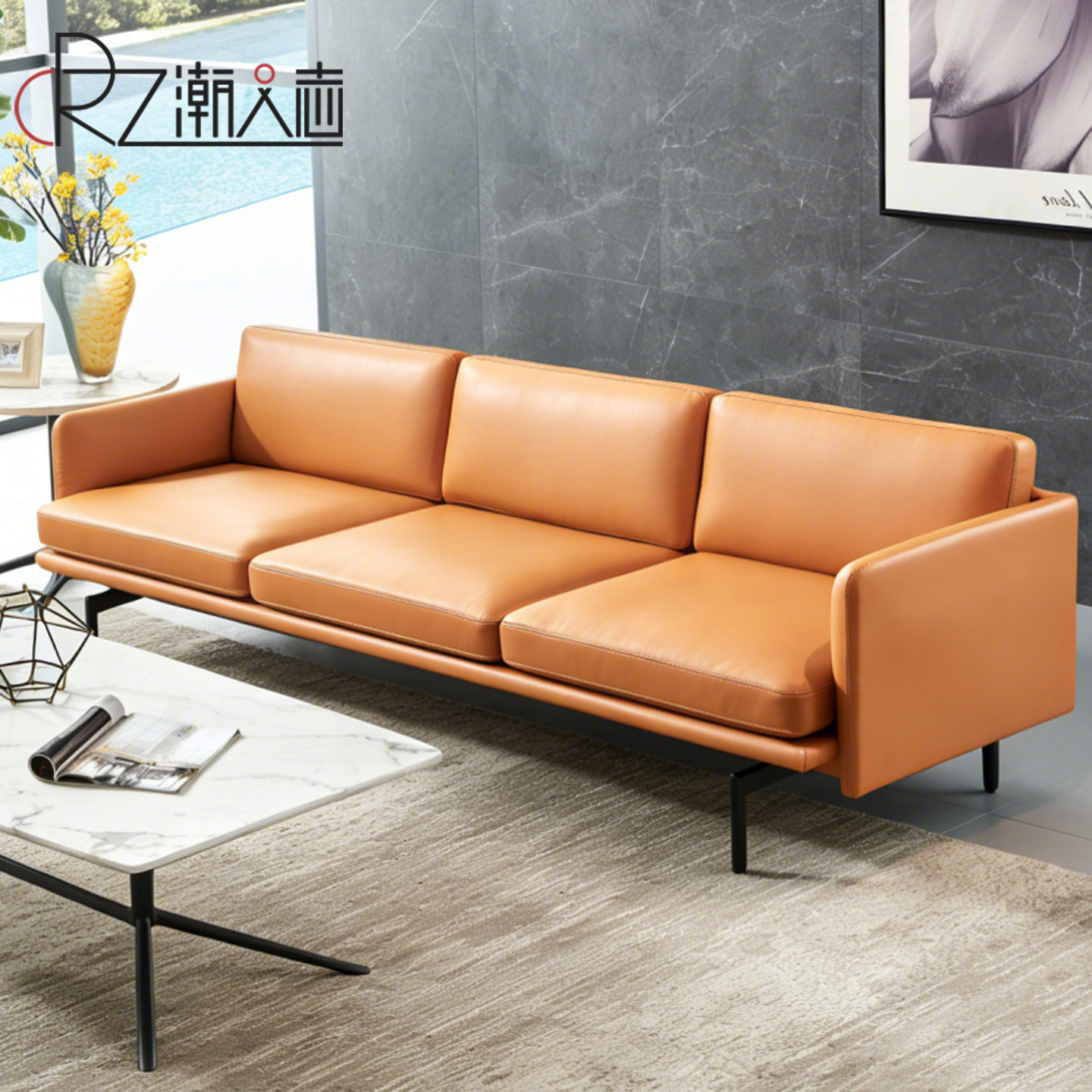 潮人志现代简约单人沙发椅子小户型客厅三人位橙色真皮沙发可定制