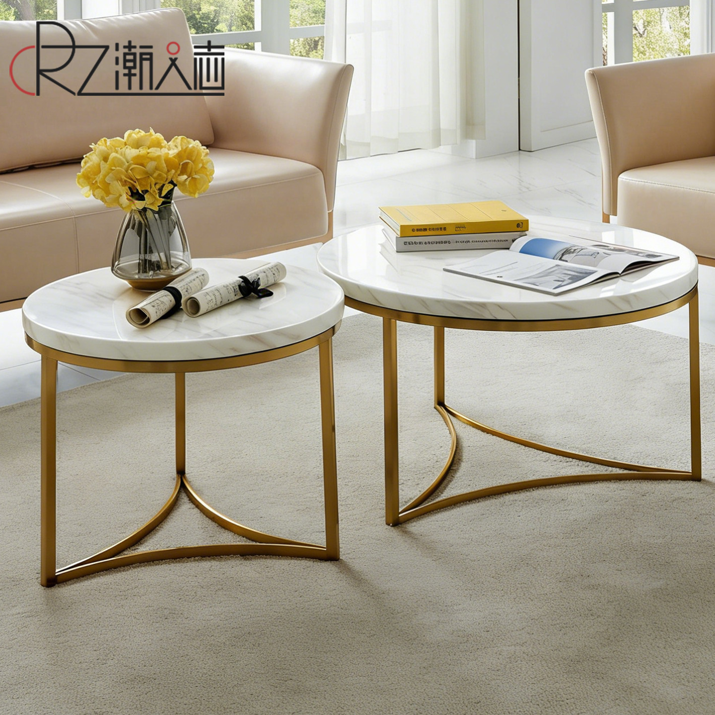 潮人志现代简约大理石茶几圆形金属框架客厅小户型组合置物茶几