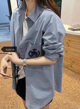 SAINA学院风刺绣字母衬衫2025春季新韩范儿ins潮港味休闲复古衬衣