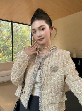 F.CINDERELLA灰姑娘重工亮片镶钻小香风外套女名媛气质千金风显贵