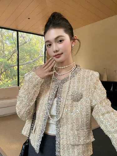 F.CINDERELLA灰姑娘重工亮片镶钻小香风外套女名媛气质千金风显贵