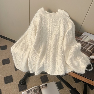 2025冬季 宽松重工珍珠粗针麻花外穿上衣潮 新高级感毛衣套头女韩版