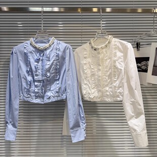 重工钉珠镶钻亮片设计感甜美立体木耳花边拼接圆领单排扣短款衬衫