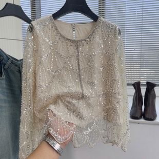 仙气飘飘 新款时尚长袖上衣 重工镶钻亮片蕾丝衫女荷叶袖口圆领