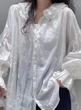 BOLATU柏拉图2025春新棉麻精致荷叶领复古宫廷泡泡袖衬衫女19333