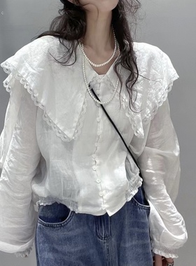 BOLATU柏拉图2025春海军领棉麻衬衫长袖小众洋气上衣衬衣女21339