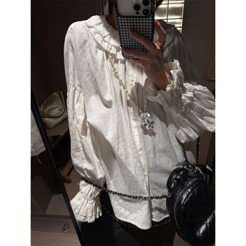 老钱风白色花棉麻衬衫