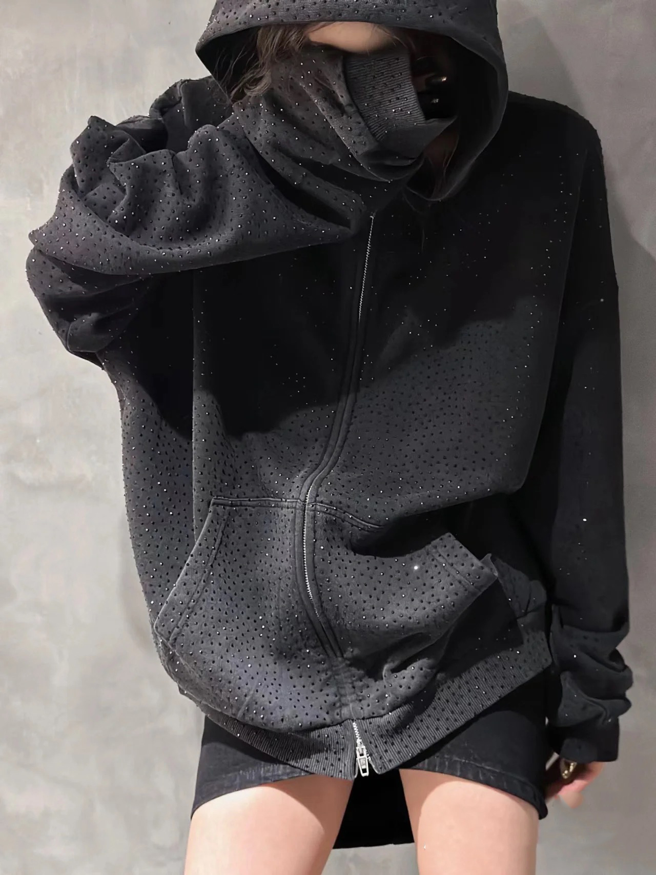 暗黑风满天星空烫钻水洗做旧连帽卫衣2025秋冬新款男女情侣外套潮