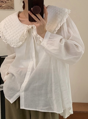 柏拉图 BOLATU棉麻早秋温柔仙气减龄泡泡娃娃领长袖衬衫上衣22115