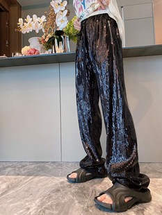 宽松直筒拖地裤 欧货设计重工亮片阔腿裤 高级垂感高腰款 薄款 女夏季