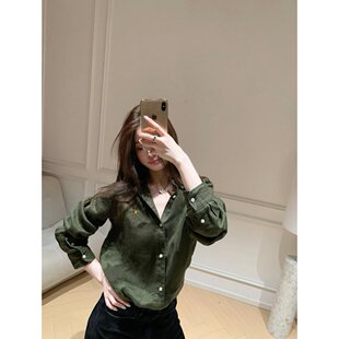 橄榄绿与柠檬黄 小马刺绣亚麻长袖衬衫女宽松休闲上衣