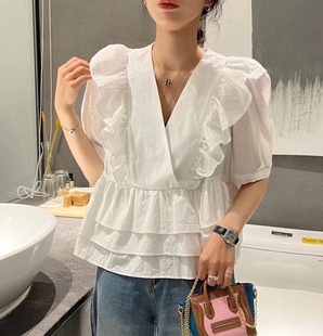 摩登mdeng197夏季 上衣5626 新款 减龄温柔甜美纯色V领宽松花边衬衫