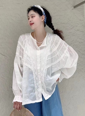 【柏拉图】BOLATU 褶苎麻法式镂空花边宽松显瘦长袖立领衬衫23022