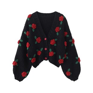 重工欧货重工手工钩花粗针V领立体花朵装 加厚毛衣外套 饰针织开衫