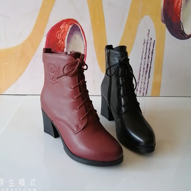 葆尔力侧拉链马丁靴女真皮系带