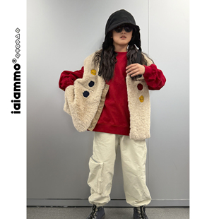 iaiammo 冬季洋气宽松韩范立体毛线绣亲子毛绒 儿童皮草马甲