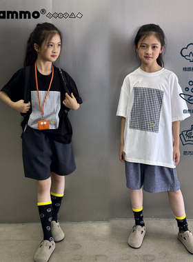 iaiammo丨原创设计格子贴布立体硅胶印花洋气男女中大童装短袖T恤