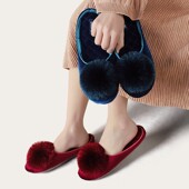 浪漫法式 防滑静音软底拖鞋 流苏球丝绒拖鞋 女春夏舒适透气家居拖鞋