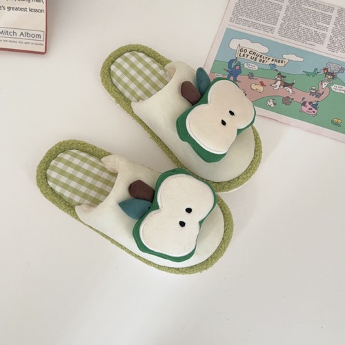 ins可爱青苹果棉拖鞋女居家室内防滑地板拖鞋加绒保暖厚底毛毛拖