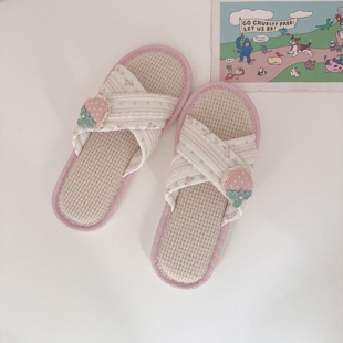 交叉拖鞋女居家透气平底亚麻拖鞋夏露趾防滑凉拖外穿四季棉麻拖鞋