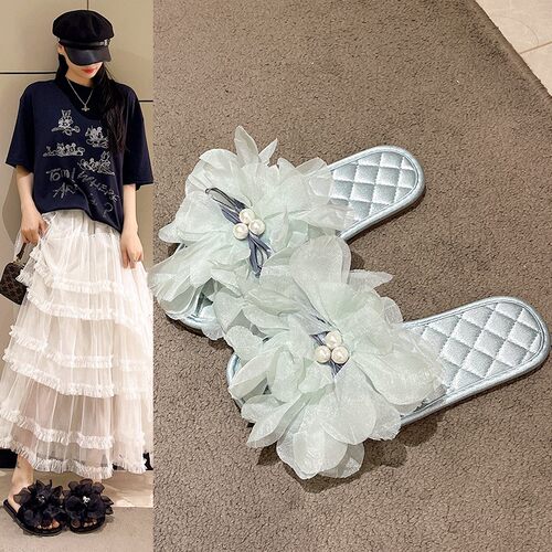 法式珍珠山茶花平底拖鞋女夏季海边度假一字型凉拖鞋居家防滑拖鞋