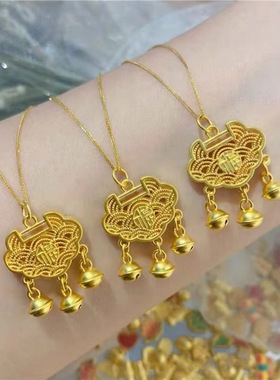 花丝祥云铃铛锁吊坠国潮古风长命锁项链镀金仿真金福锁首饰