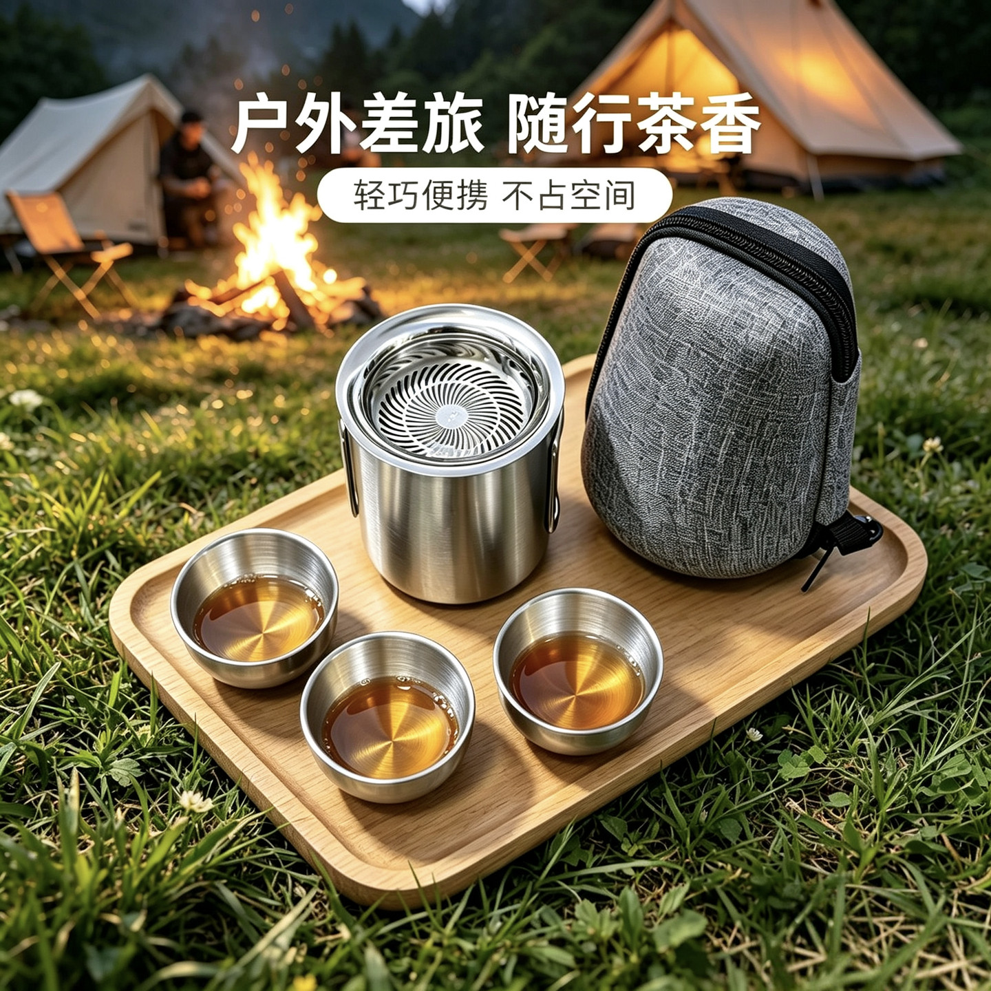 户外露营折叠手柄双层泡茶杯便携式304旅行茶具懒人泡茶壶 飘逸杯